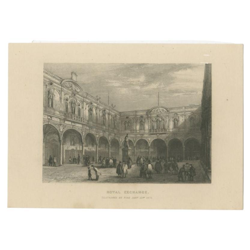 Antique Print of the Royal Exchange in London, c.1840