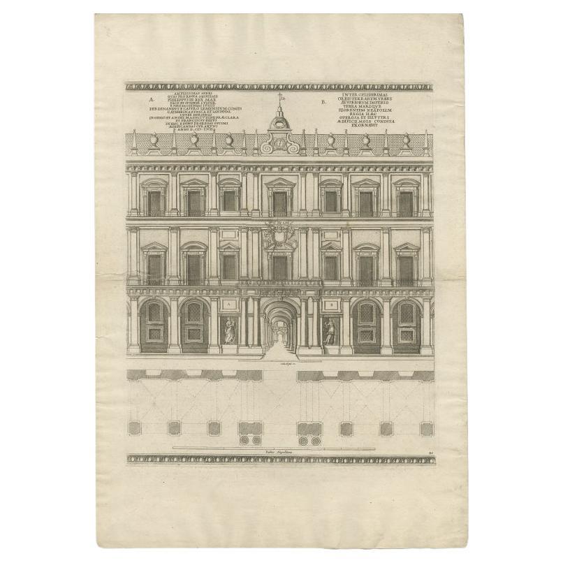 Antique print titled 'Amplissimas Aedes quas Pro Regio (..)'. 

Old engraving of the Royal Palace of Naples, Italy. It was one of the four residences near Naples used by the House of Bourbon during their rule of the Kingdom of Naples (1735 - 1816)