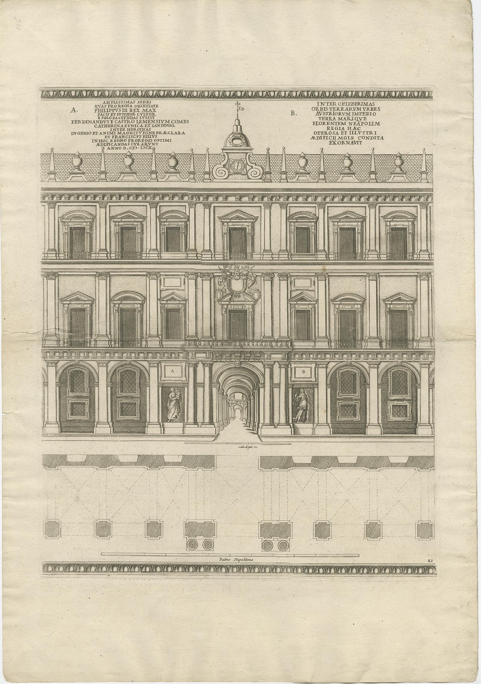 Antique Print of the Royal Palace of Naples in Italy, c.1760 In Good Condition For Sale In Langweer, NL
