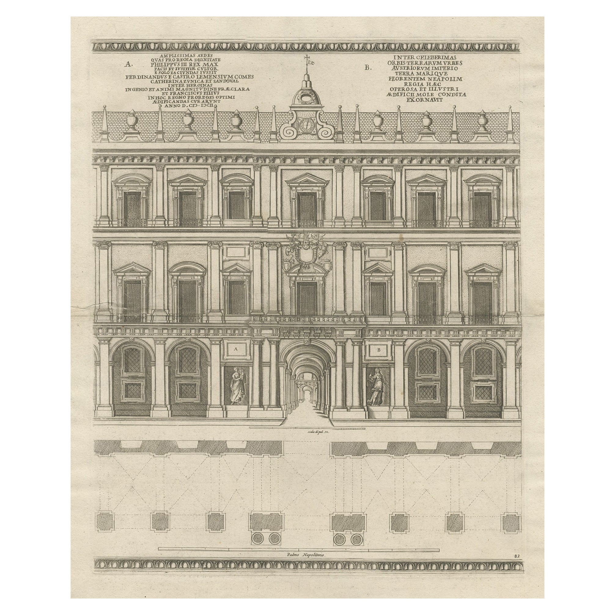 Grabado antiguo del Palacio Real de Nápoles en Italia, c.1760