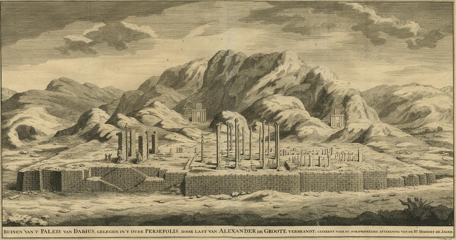 Antique print titled 'Ruinen van 't Paleis van Darius (..)'. Large panoramic view of the ruins of Darius’ Palace at Persepolis, Persia / Iran. Persepolis was sacked by the troops of Alexander the Great in 330 BC. Today, Persepolis remains one of the