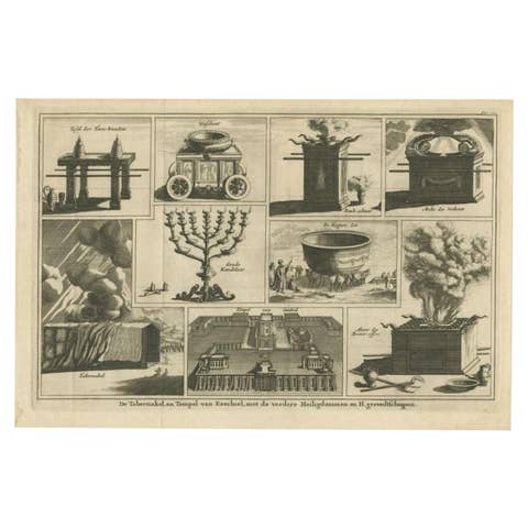 Antique Print of the Sacred Vessels Tabernacle & Temple of Ezekiel, 1717