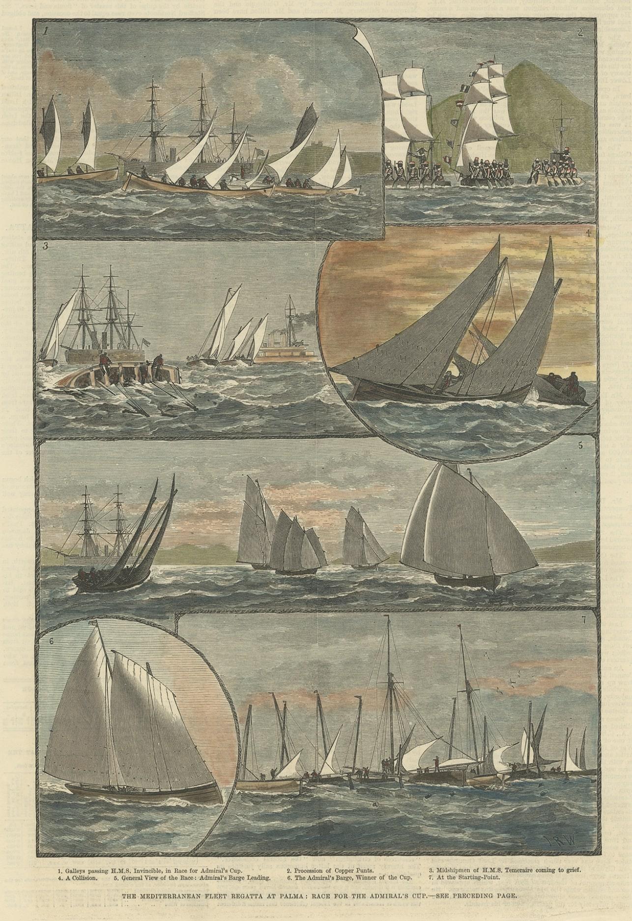 Antique print titled 'The Mediterranean Fleet Regatta at Palma'. This print depicts the race for the Admiral's Cup.

Artists and Engravers: Published in The Illustrated London News.

Condition: Good, some toning and creasing. English text on