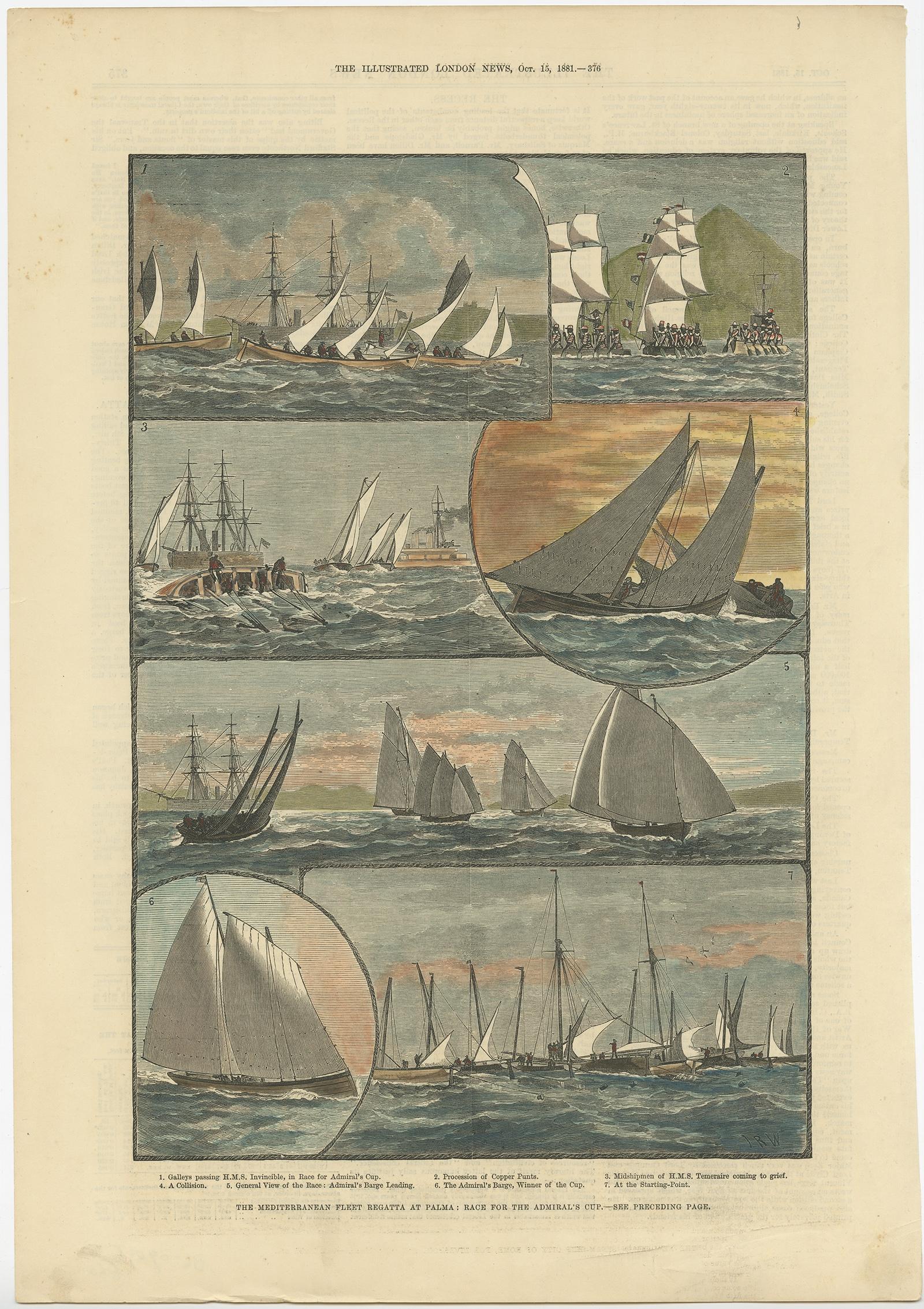 Antiker Druck des Segelrennens für den Admiralspreis in Palma, 1881 im Zustand „Gut“ im Angebot in Langweer, NL