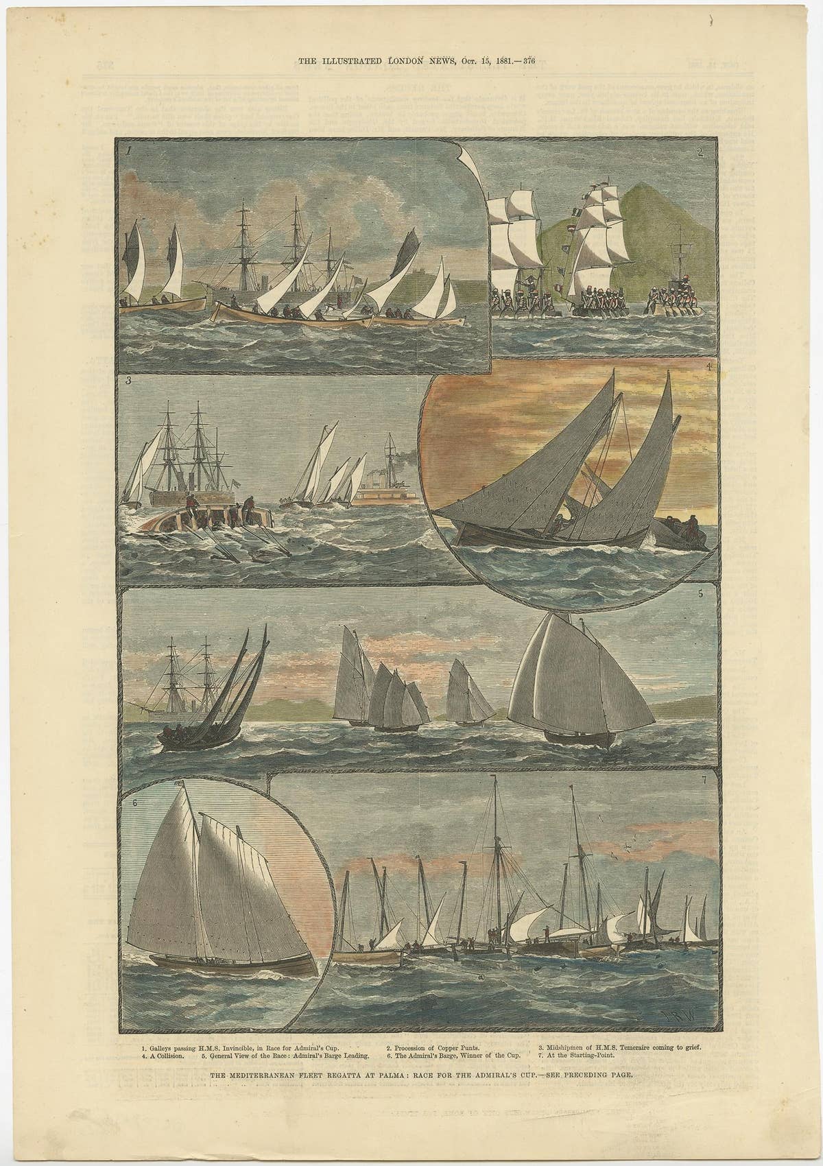 Antique Print of The Sailing Race for the Admiral's Cup at Palma, 1881