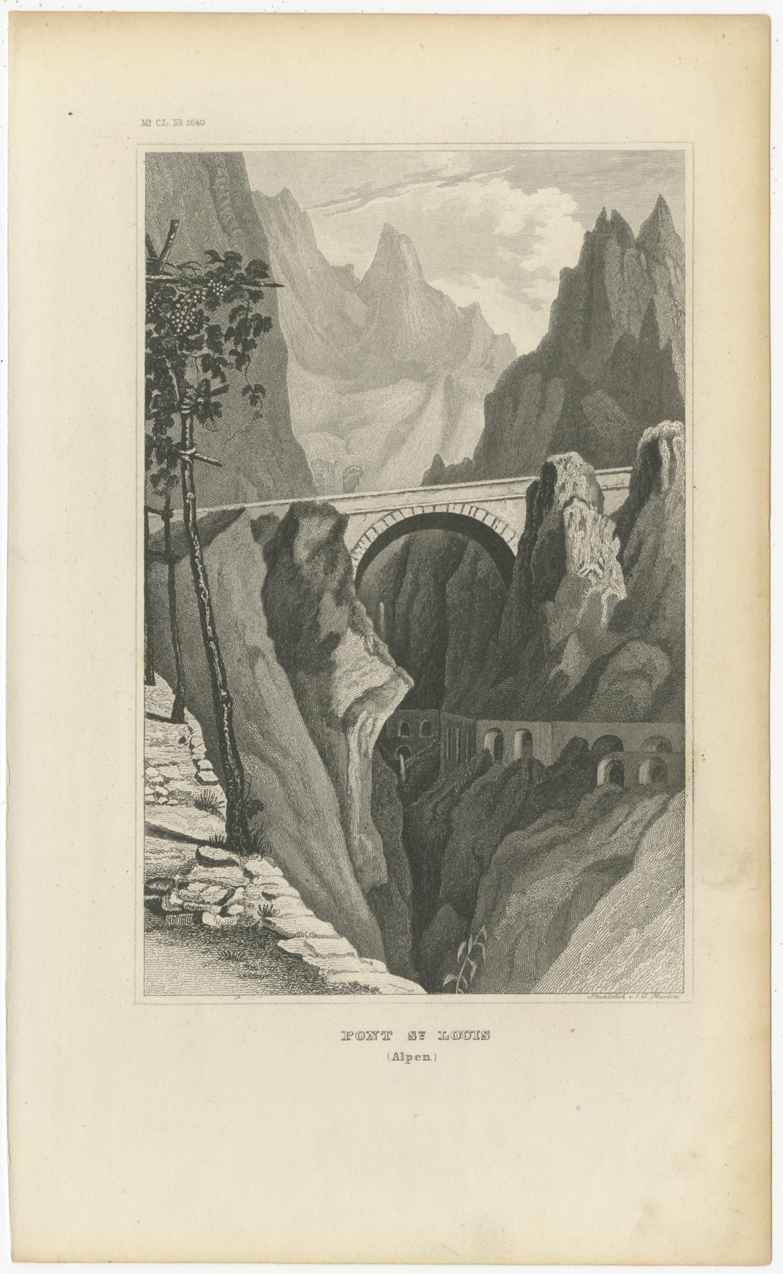 Antique print titled 'Pont St. Louis (Alpen)'. View of the Saint-Louis bridge, on the border between France and Italy in Menton, Alpes-Maritimes. Engraved by Martini, published circa 1840. Source unknown, to be determined.