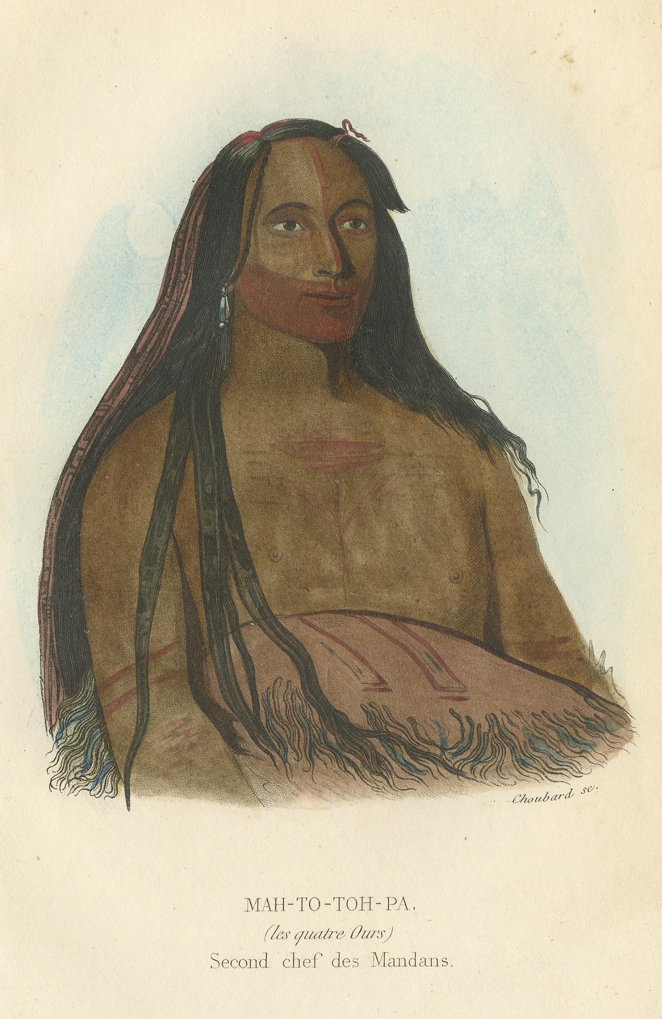 Antique print titled 'Mah-To-Toh-Pa'. Lithograph of the second Chief of the Mandan tribe. The Mandan are a Native American tribe of the Great Plains who have lived for centuries primarily in what is now North Dakota. This print originates from