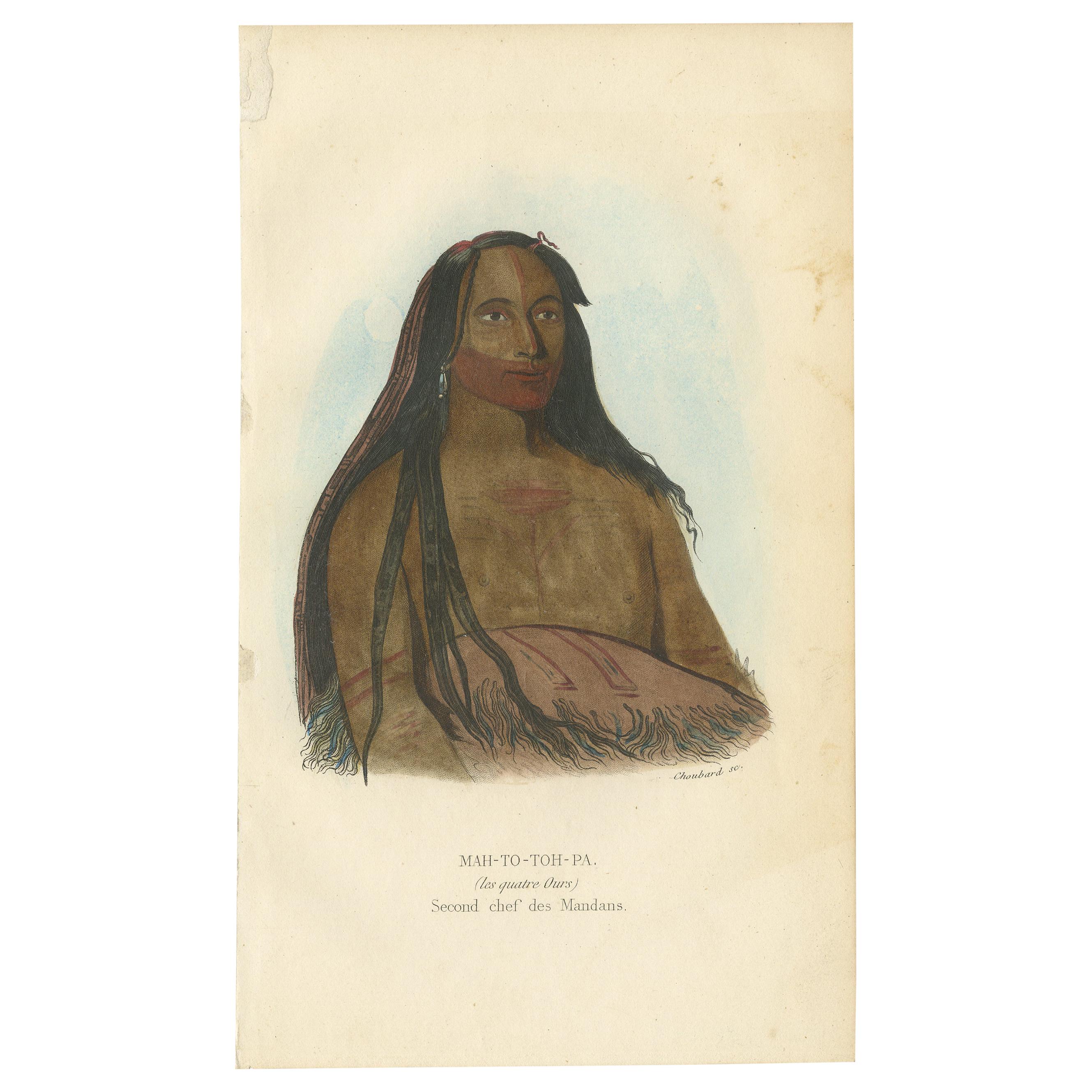 Impression ancienne du deuxième chef de la tribu Mandan par Prichard:: "1843" en vente