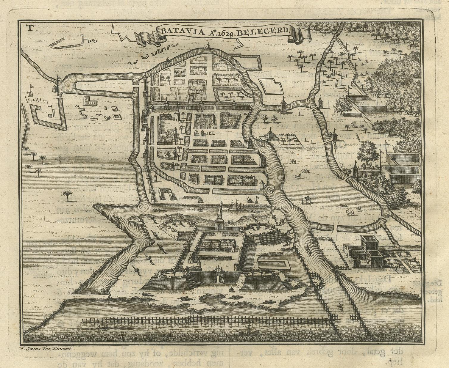 Antique print titled 'Batavia belegerd'. This print depicts the siege of Batavia, Indonesia, in 1629. This print originates from 'Oud en Nieuw Oost-Indiën' by F. Valentijn.