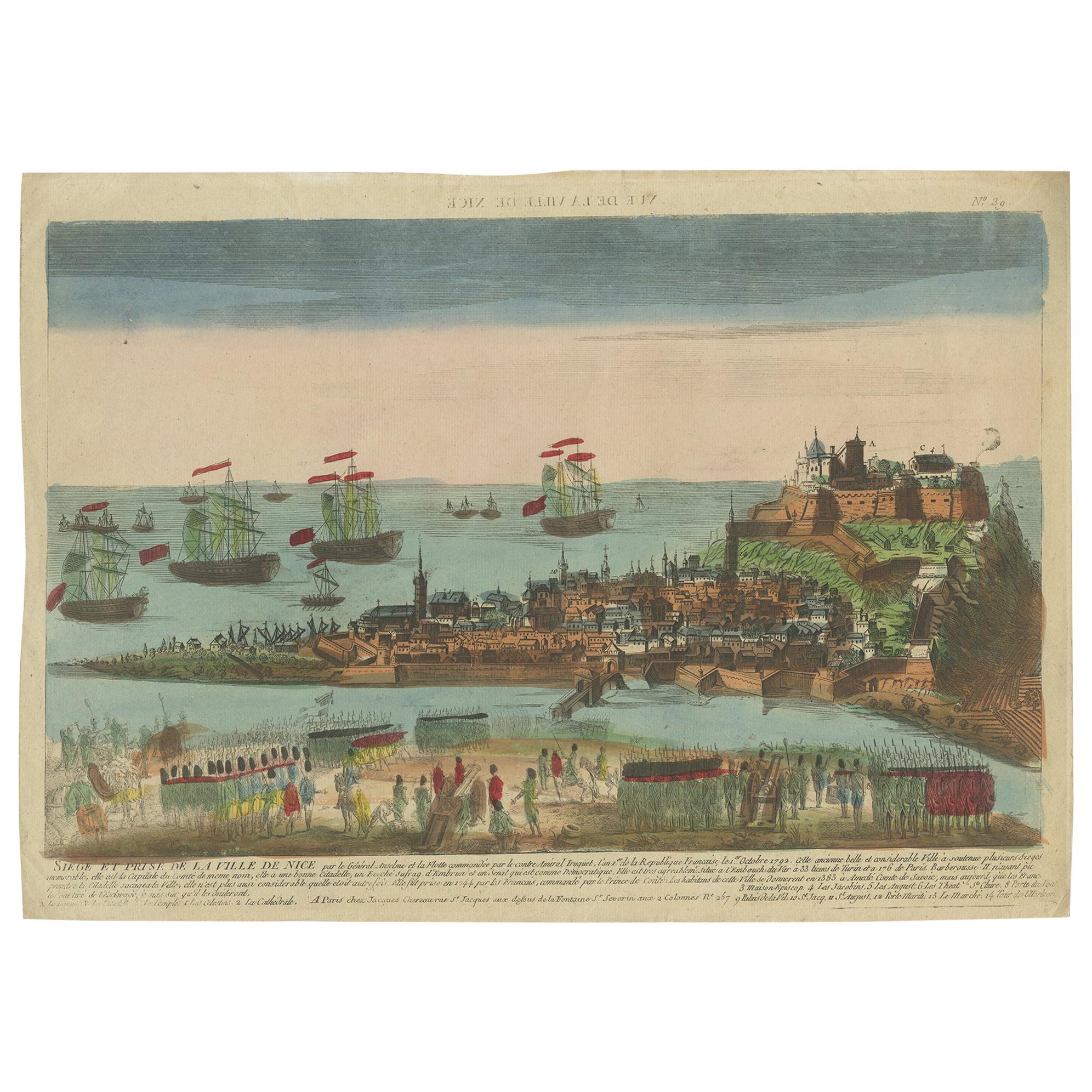 Stampa antica dell'Assedio di Nizza di Chereau, "circa 1790".