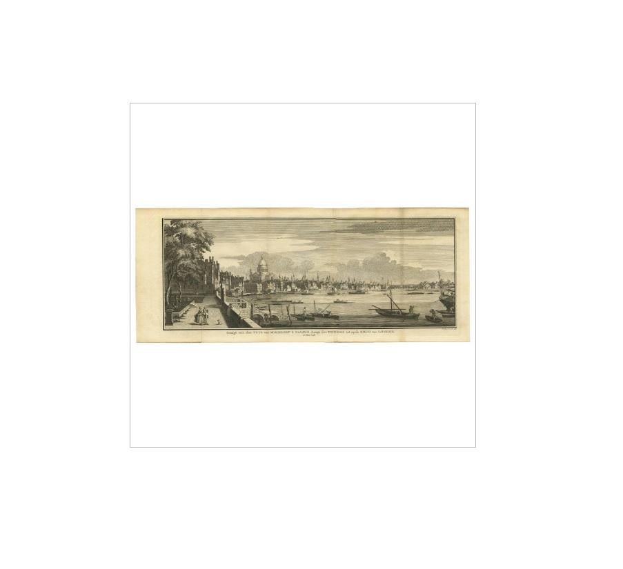 Antique print titled 'Gezigt van den Tuin van Somerset's Paleis, Langs den Theems tot op de Brug van Londen'. Lovely view from the garden terrace of the Somerset House overlooking the Thames River. St. Paul's Cathedral looms in the background while