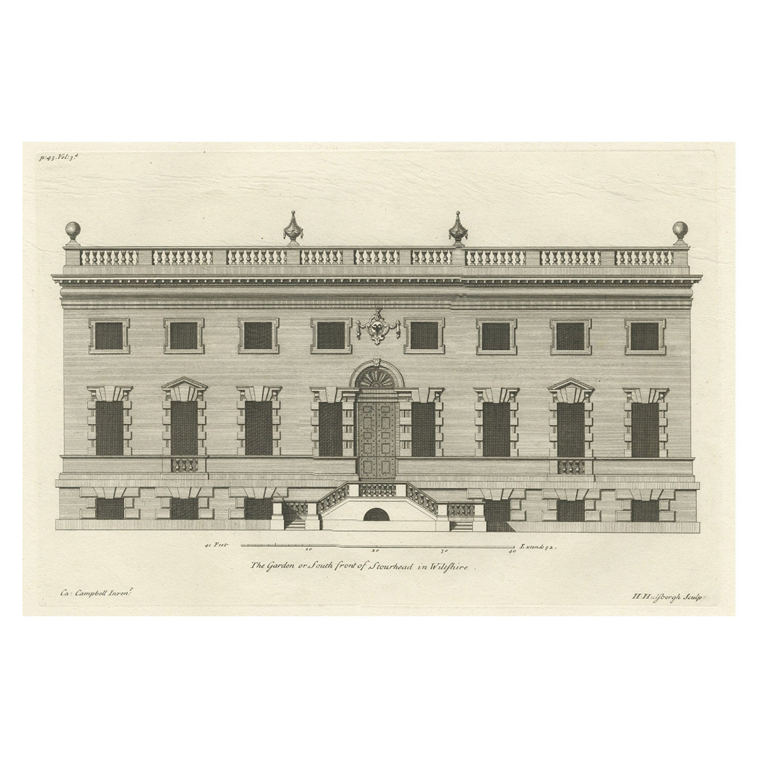 Antique Print of the South Front of Stourhead, Wiltshire, England, 1725