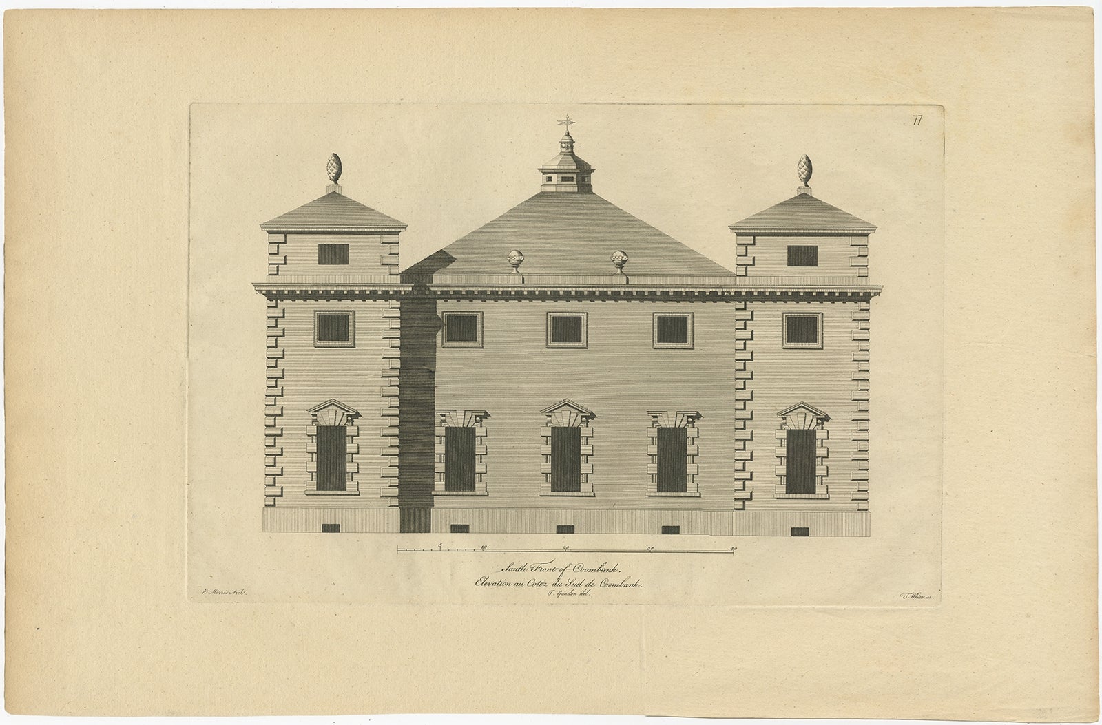 Antique print titled 'South Front of Coombank'. Southern facade of Coombank, Duke of Argyle's mansion. 

This print originates from 'Vitruvius Britannicus' by Colen Campbell. Artists and Engravers: Colen Campbell's Vitruvius Britannicus is