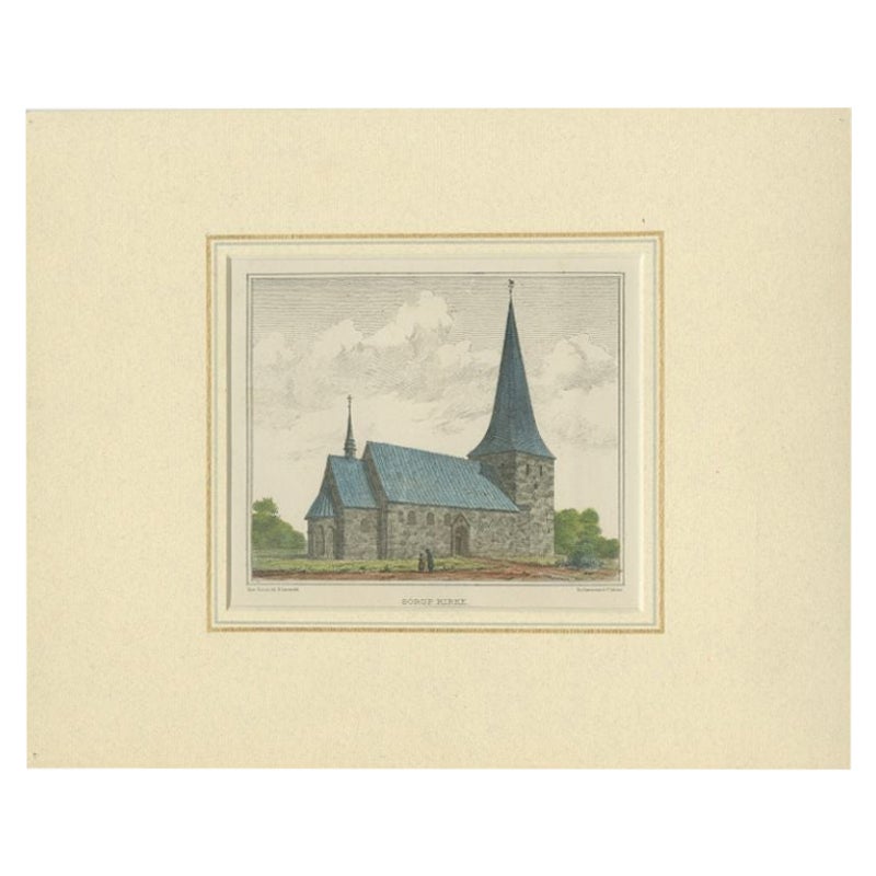 Gravure ancienne de la Sørup Kirke au Danemark, 1864 en vente