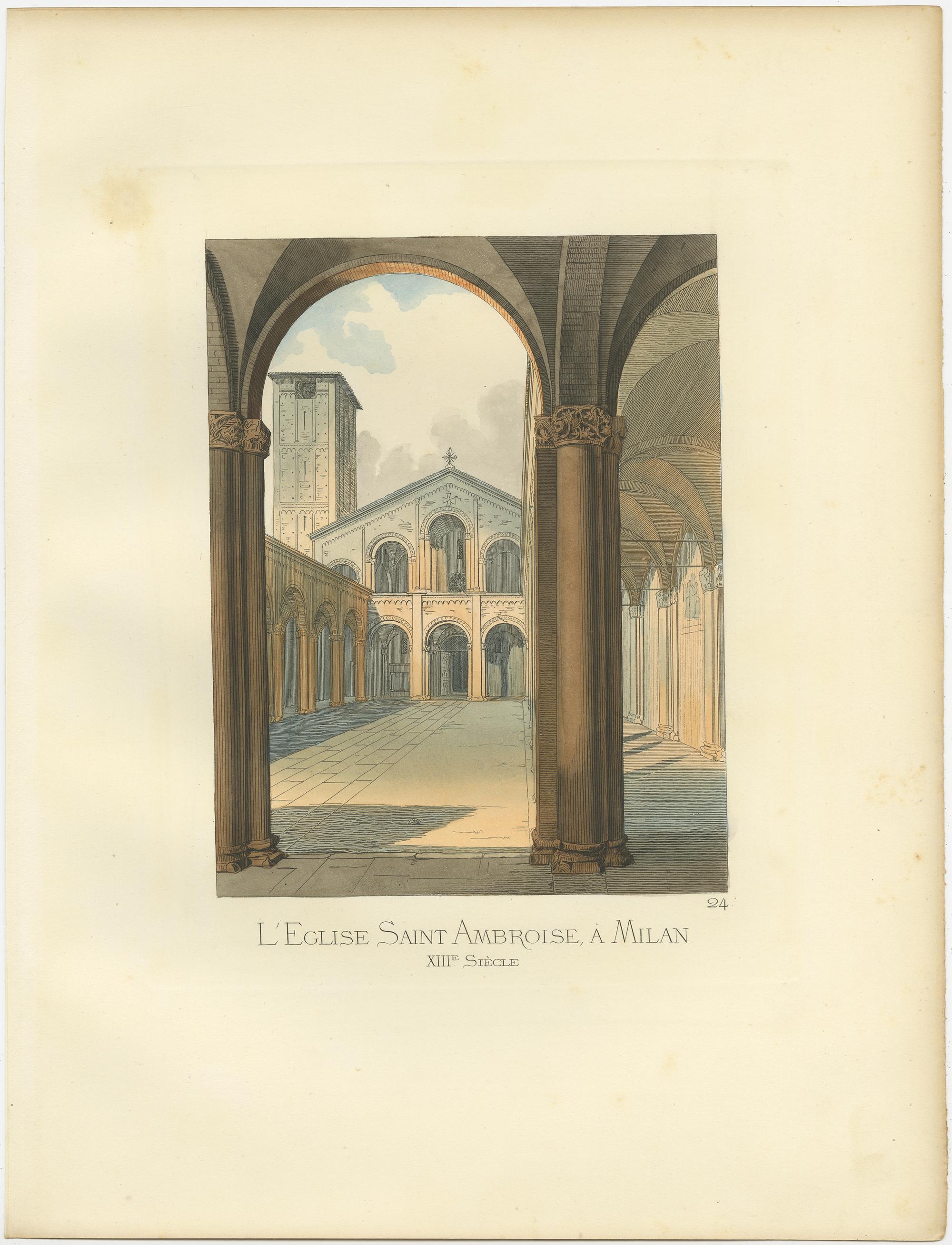 Antique print titled ‘L’Eglise Saint Ambroise a Milan, XIIIe Siecle.’ Original antique print of the St. Ambrose Church in Milan. This print originates from 'Costumes historiques de femmes du XIII, XIV et XV siècle' by C. Bonnard. Published 1860.