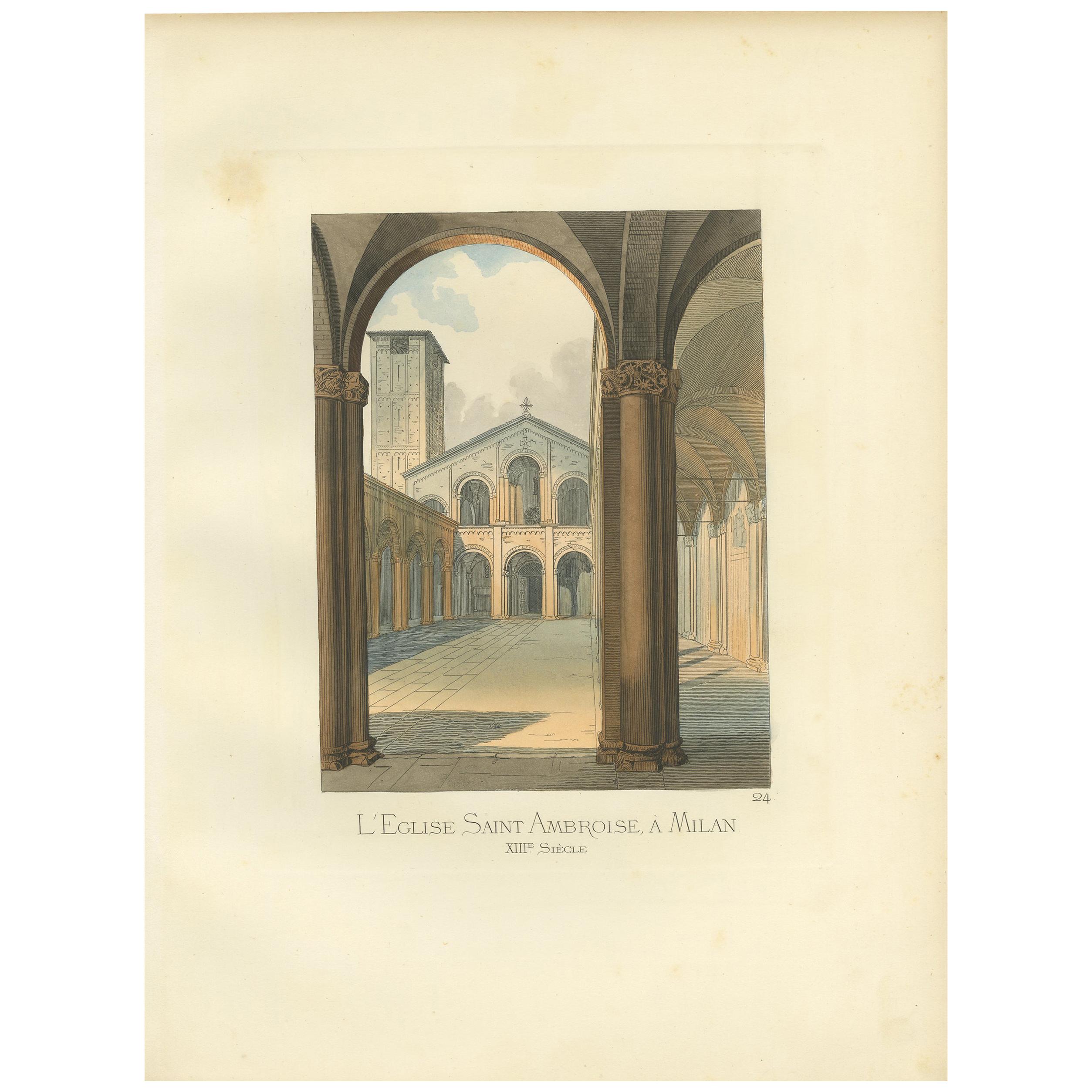 Impression ancienne de l'église St. Ambrose à Milan par Bonnard, 1860