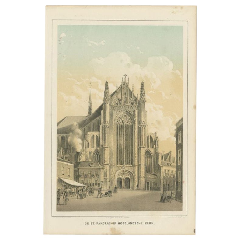 Impression ancienne de l'église St. Pancras de Leiden aux Pays-Bas, 1859