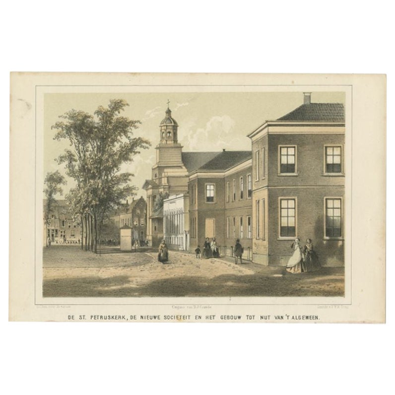 Ancienne estampe de l'église Saint Petrus de Leiden aux Pays-Bas, 1859