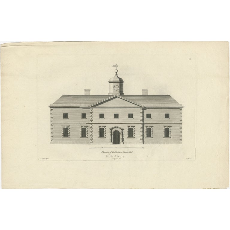 Antique print titled 'Elevation of the Stables at Lathom Hall'. Elevation of the stables at Lathom House, Lancashire. 

Lathom House was a large country house in the parish of Lathom in Lancashire, England. Built between 1725 and 1740, the main