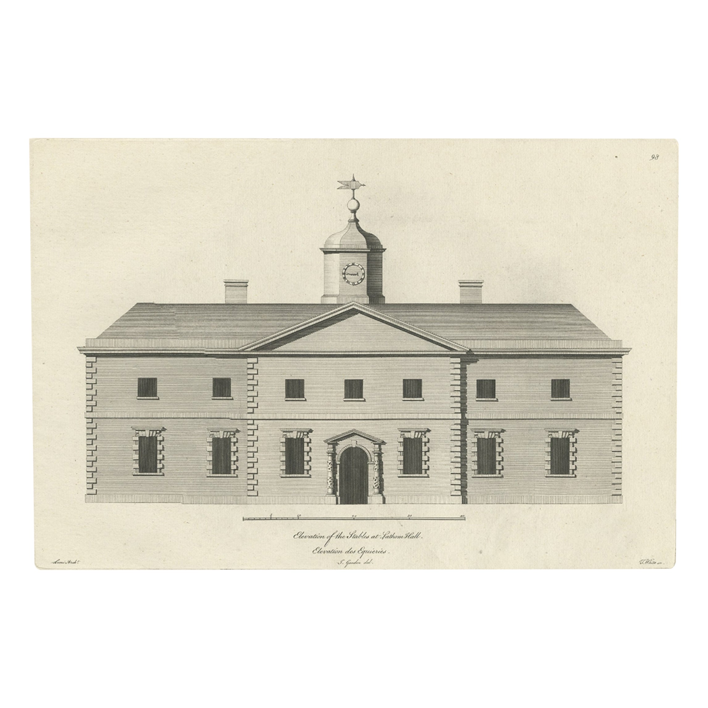 Impression ancienne des Stables de la maison Lathom dans le Lancashire, Angleterre, vers 1770