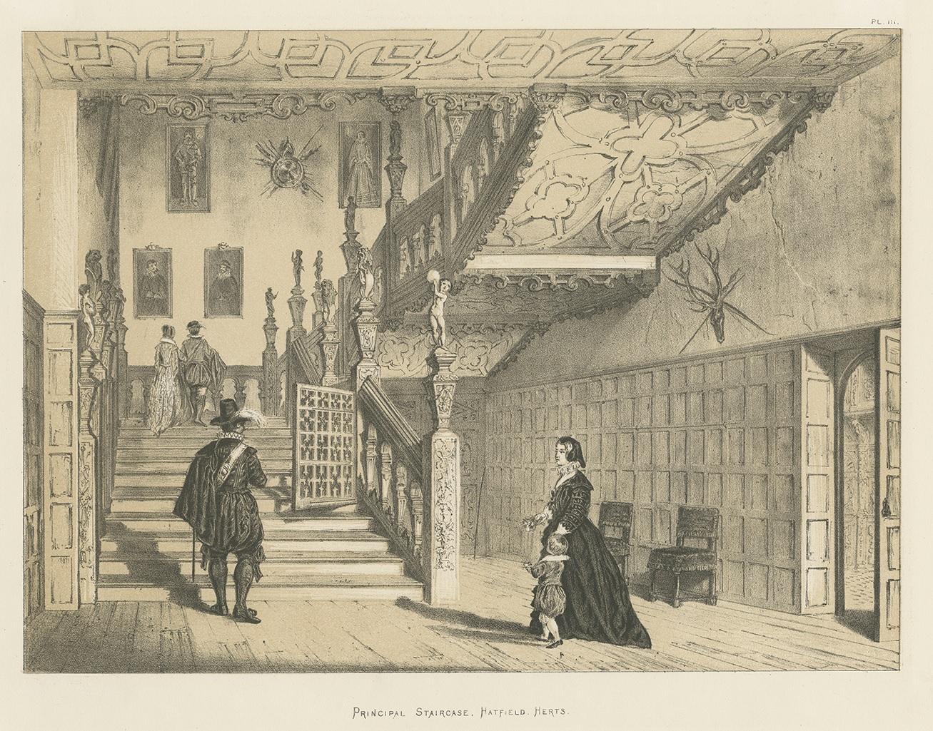 Antique print titled 'Principal Staircase. Hatfield. Herts'. Lithograph of the principal staircase at Hatfield House. Hatfield House is a country house set in a large park, the Great Park, on the eastern side of the town of Hatfield, Hertfordshire,