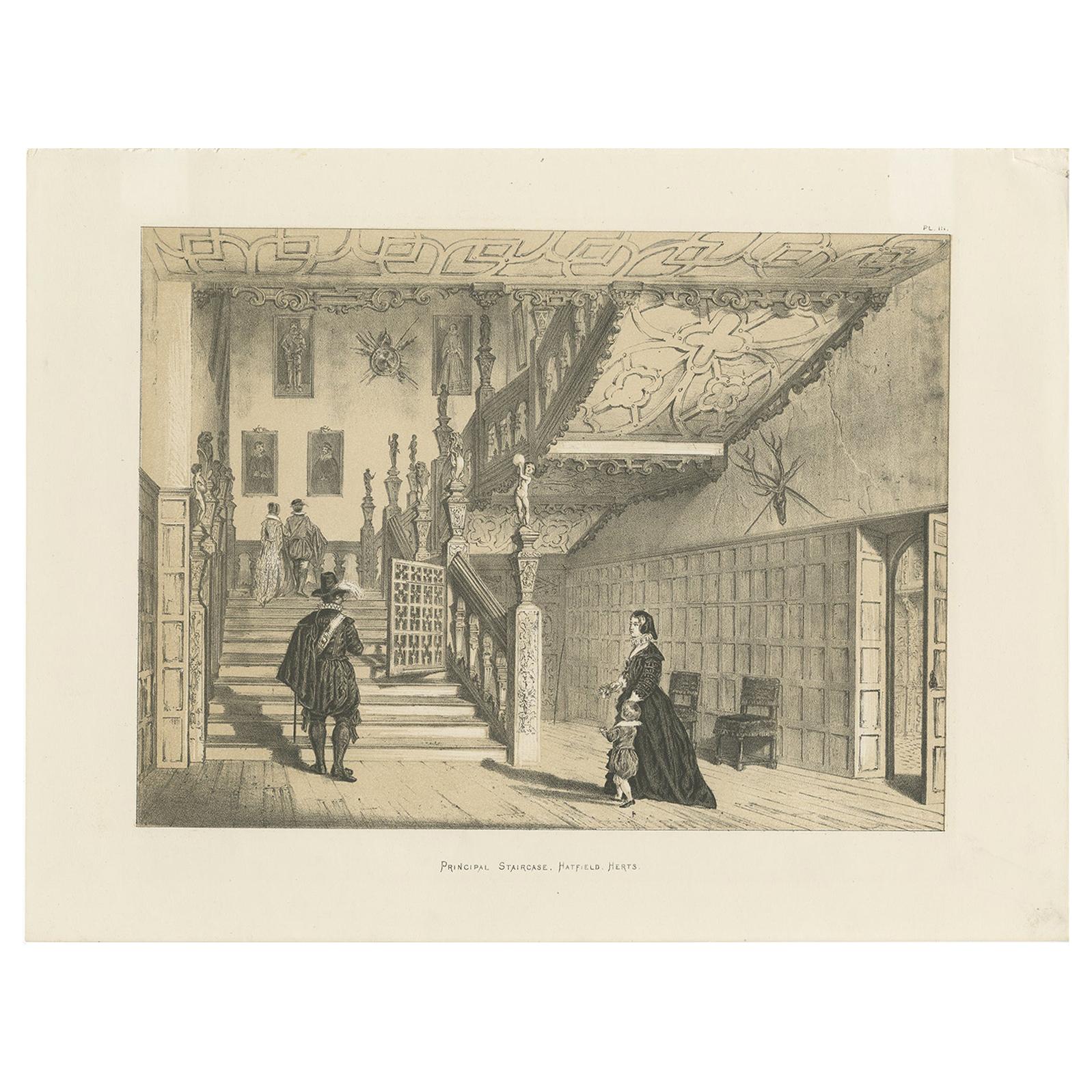 Antique Print of the Staircase at Hatfield House by Nash, circa 1870 For Sale