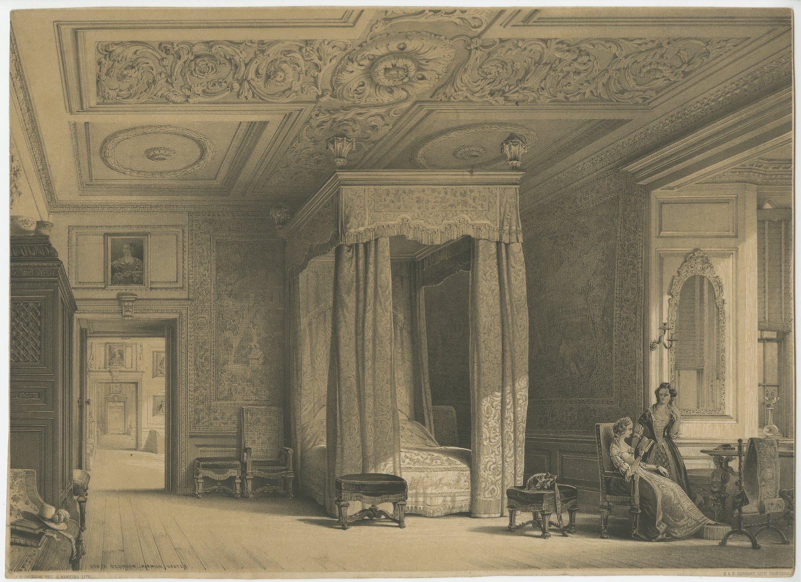 Antique print titled 'State Bedroom-Warwick Castle'. 

Lithograph of the State Bedroom of the famous Warwick Castle in England.

Warwick Castle is a medieval castle developed from a wooden fort, originally built by William the Conqueror during