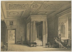 Antique Print of the State Bedroom of Warwick Castle, River Aron, England, c1850