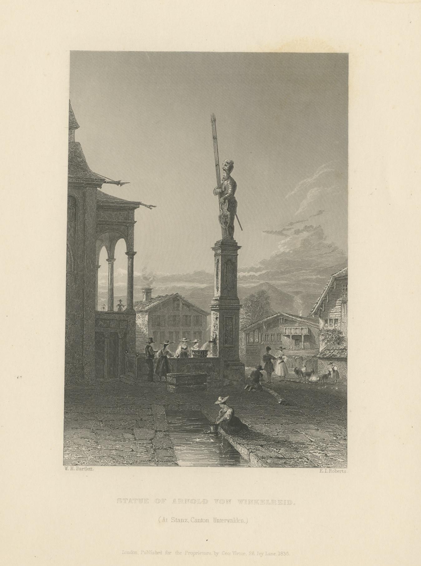 Impression ancienne de la statue d'Arnold von Winkelreid à Stans, Suisse État moyen - En vente à Langweer, NL