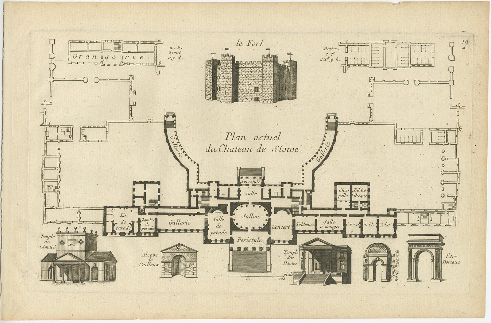 Antique print titled 'Plan actuel du Chateau de Stowe'. 

Copper engraving showing a plan and elements of the Stowe House. 

Stowe House is a grade I listed country house in Stowe, Buckinghamshire, England. It is the home of Stowe School, an