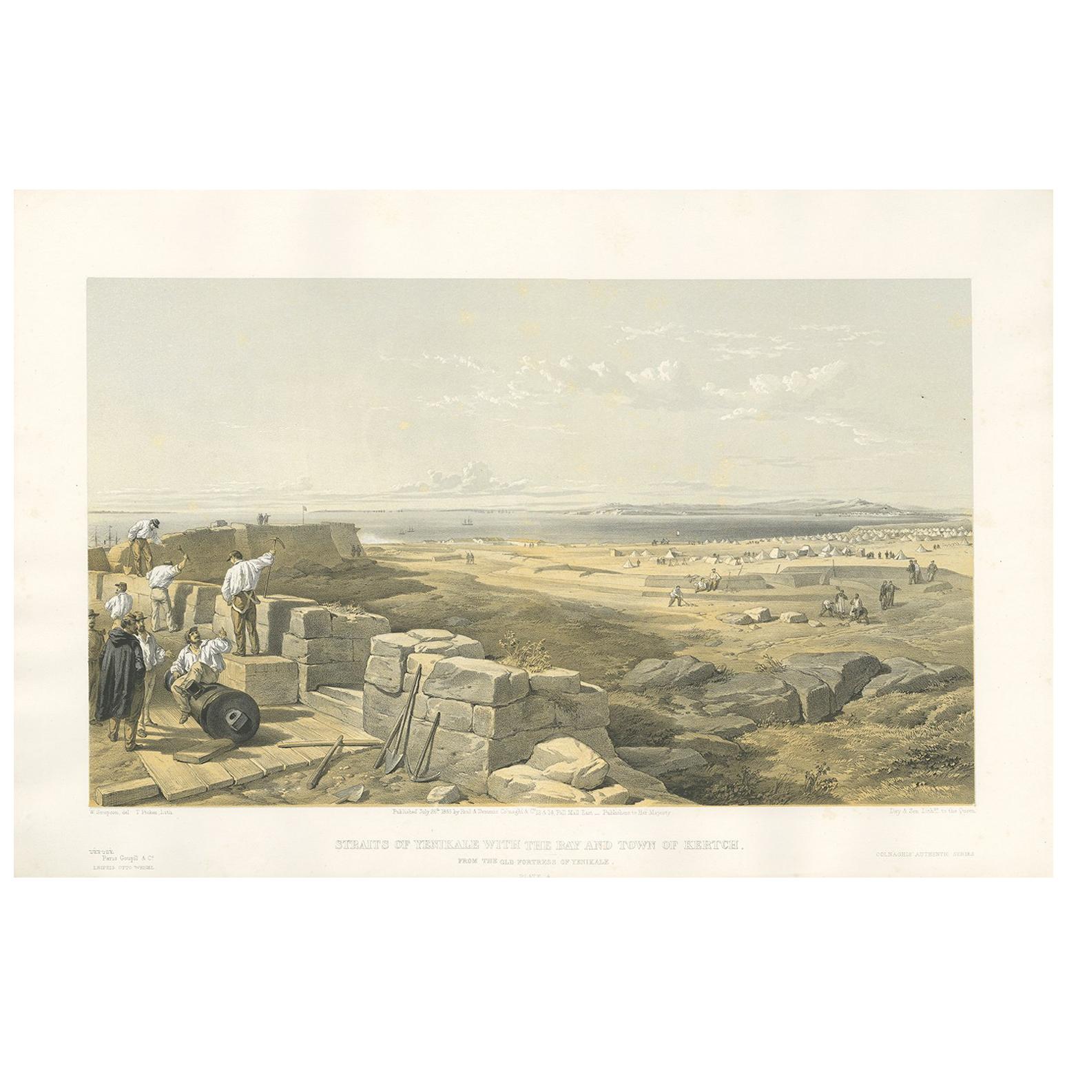 Impression ancienne des rives de Yenikale de la guerre civile par W. Simpson, 1855 en vente