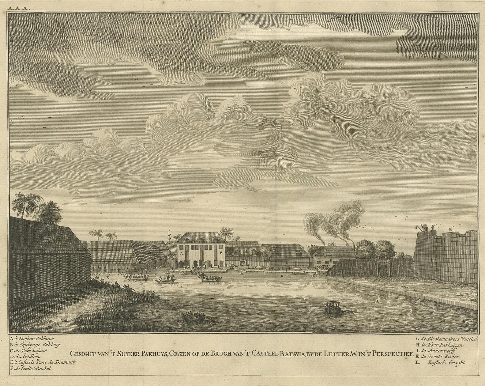 Antique Print of the Sugar Warehouse of Batavia by Valentijn, '1726' In Good Condition For Sale In Langweer, NL