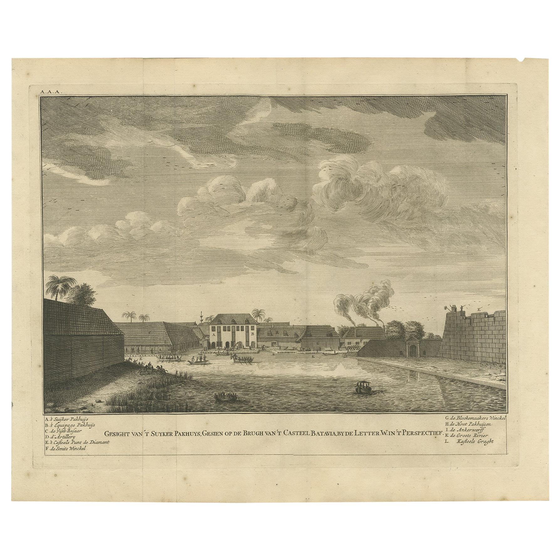 Impression ancienne de l'entrepôt de sucre de Batavia par Valentijn, 1726