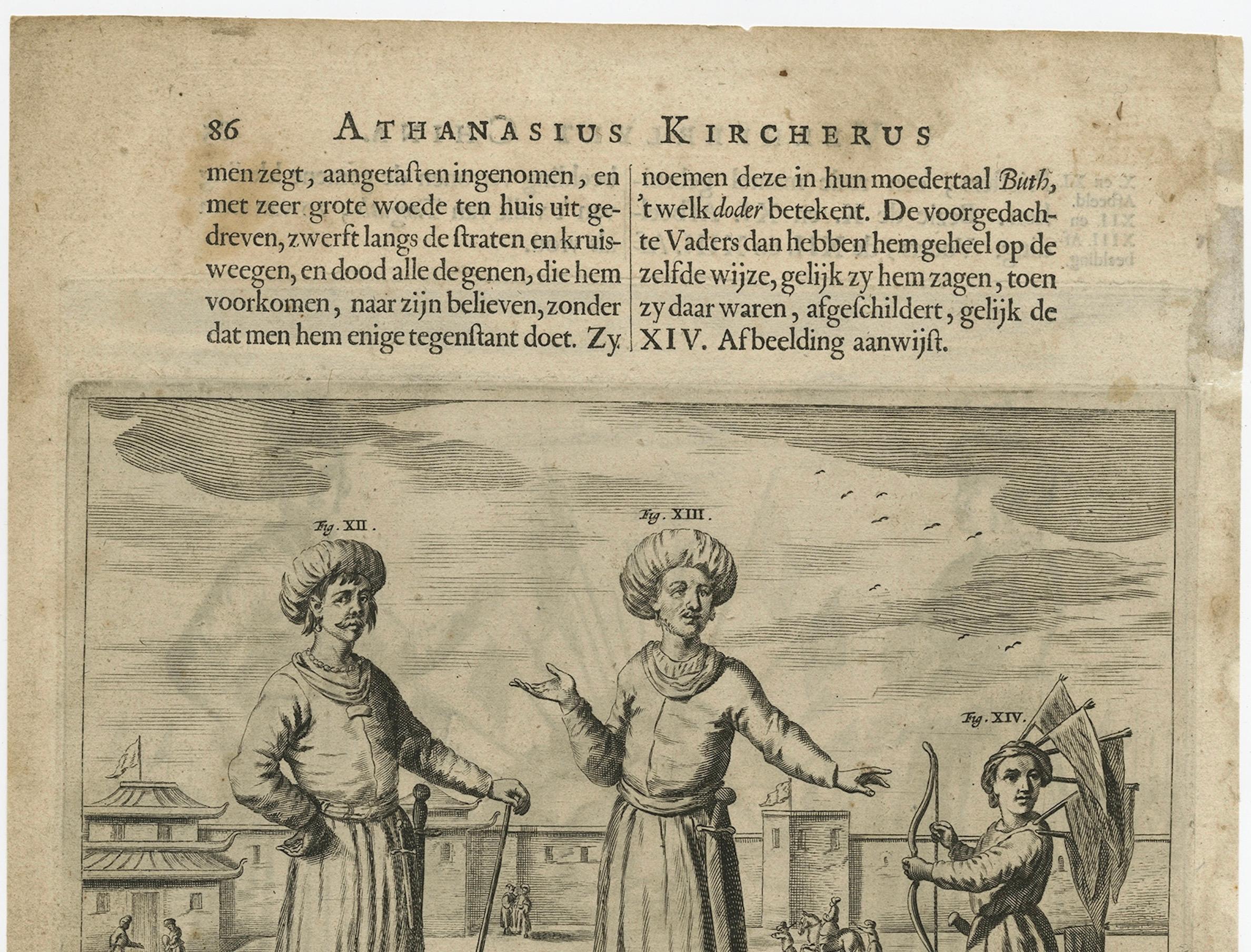 German Antique Print of the Tangut People in China by Athanasius Kircher, c.1660 For Sale