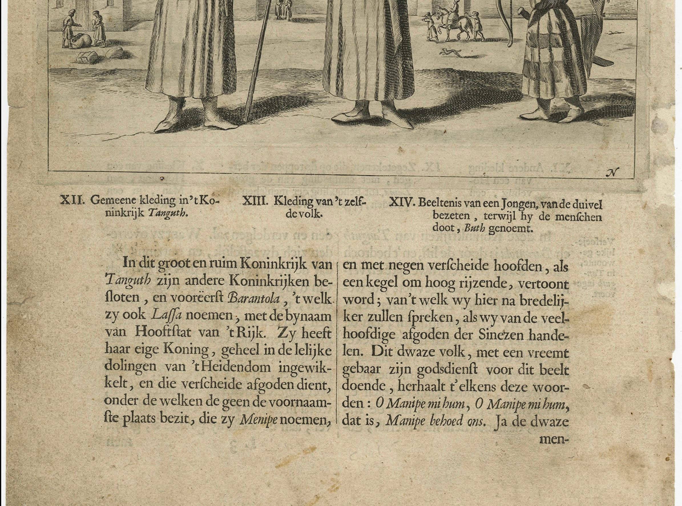 Engraved Antique Print of the Tangut People in China by Athanasius Kircher, c.1660 For Sale