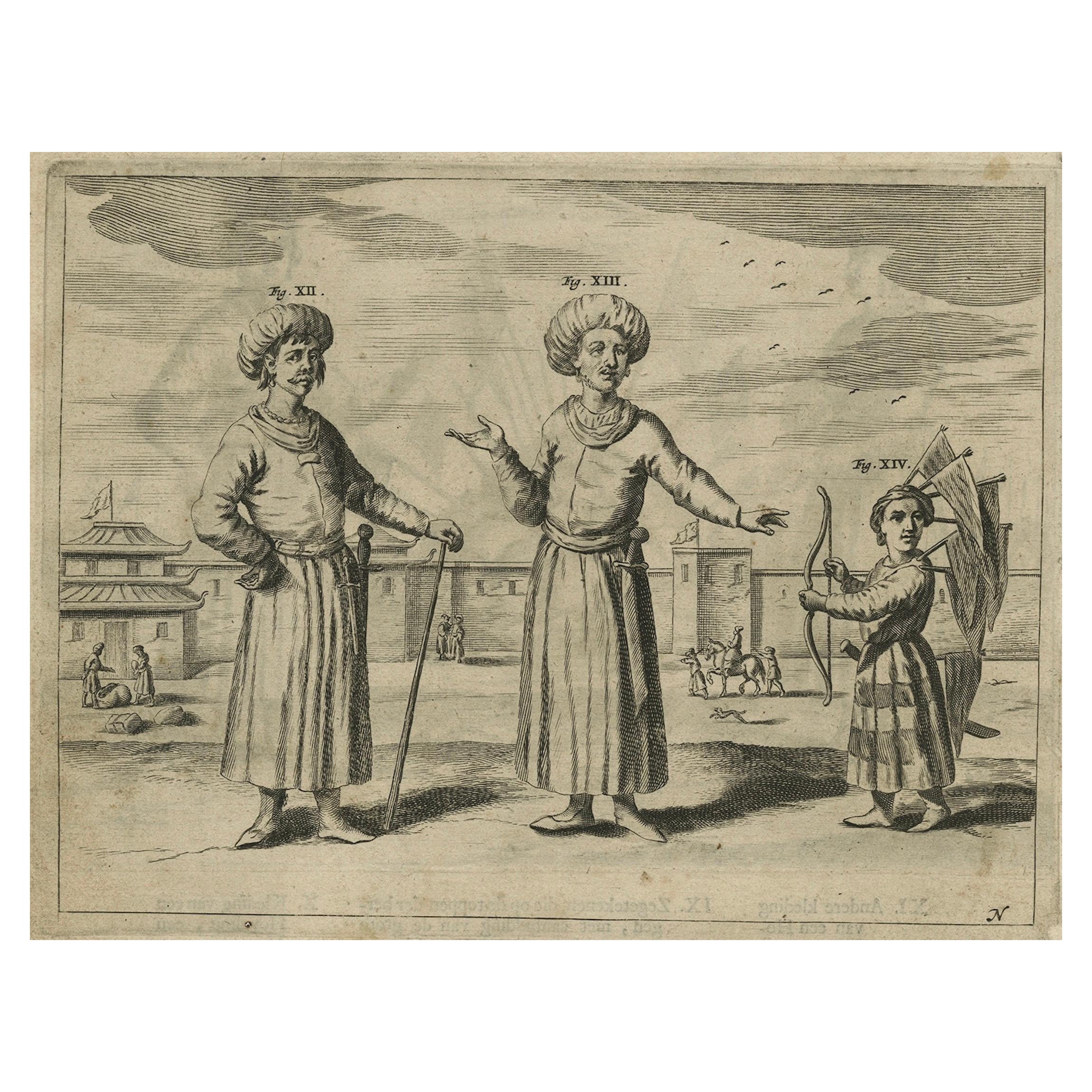 Gravure ancienne du peuple Tangut en Chine par A.I.C., c.1660 en vente