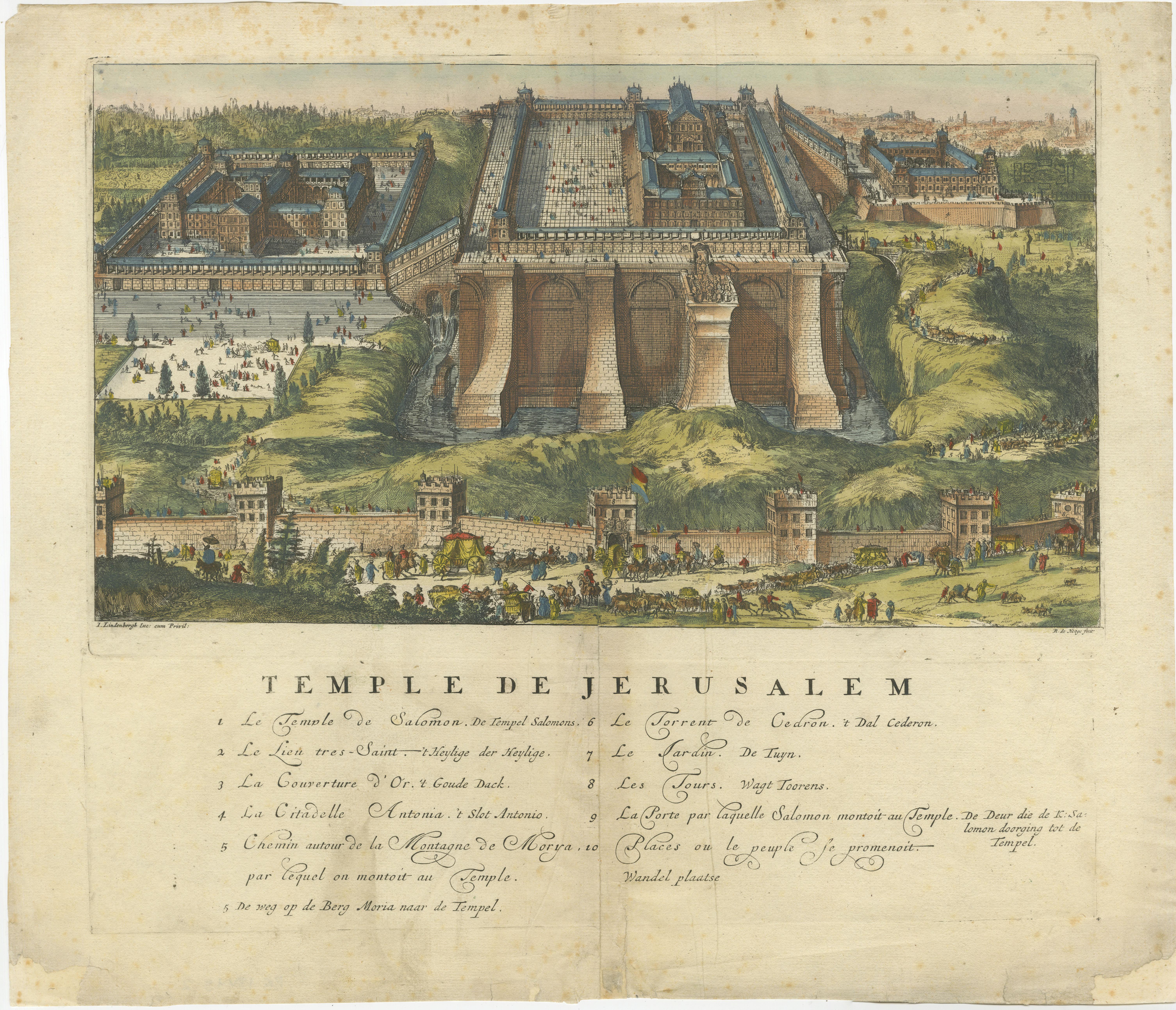 Antique print titled 'Temple de Jerusalem.' It's an original depiction of the Temple of Jerusalem, featuring intricate details and a legend describing various aspects, including Solomon's Temple, the garden, and more. This particular print was