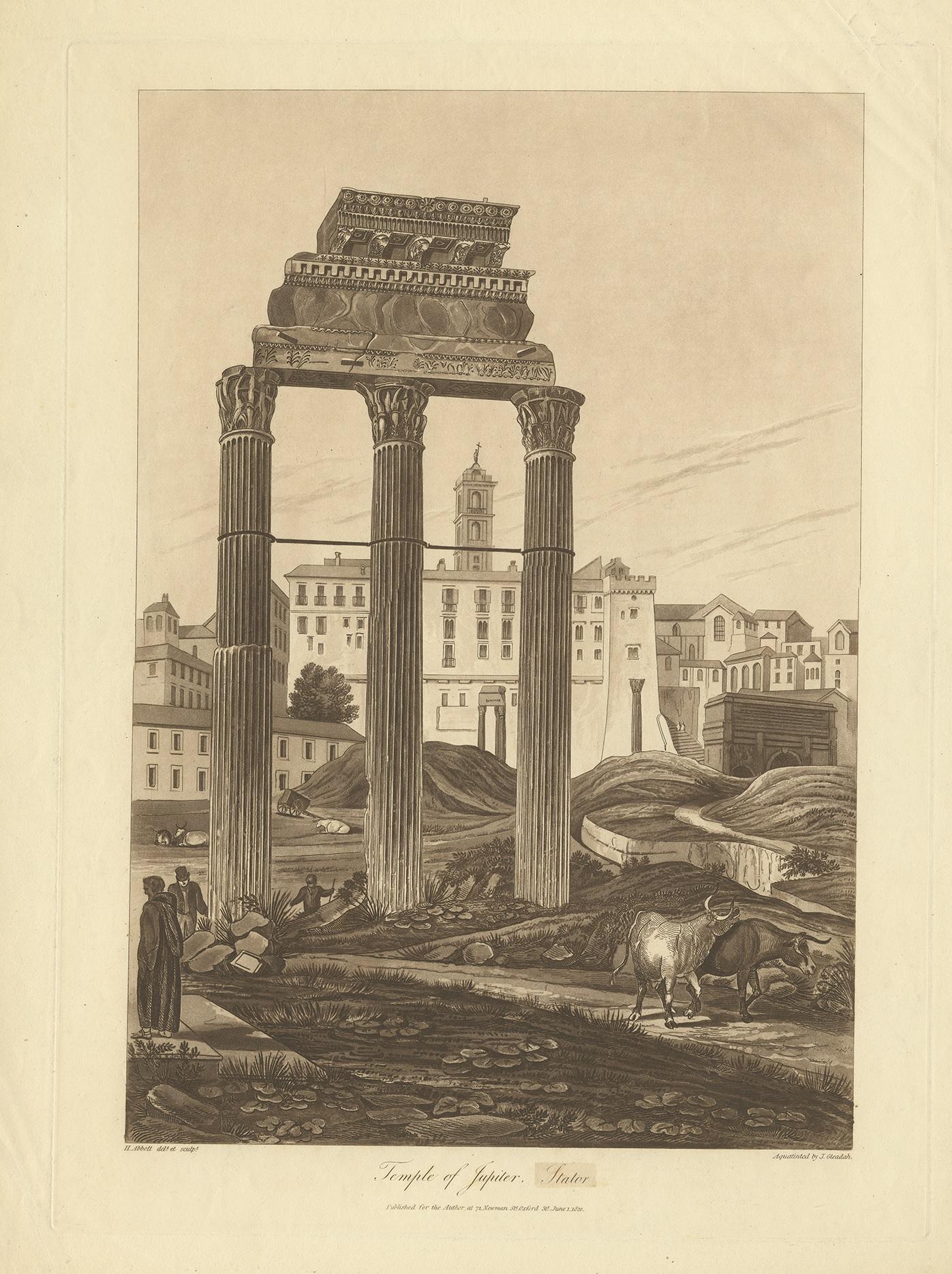 Antique print titled 'Temple of Jupiter Stator'. Large aquatint of the Temple of Jupiter Stator. The Temple of Jupiter Stator was a sanctuary on the slope of the Capitoline Hill. In Roman legend, it was founded by King Romulus after he pledged to