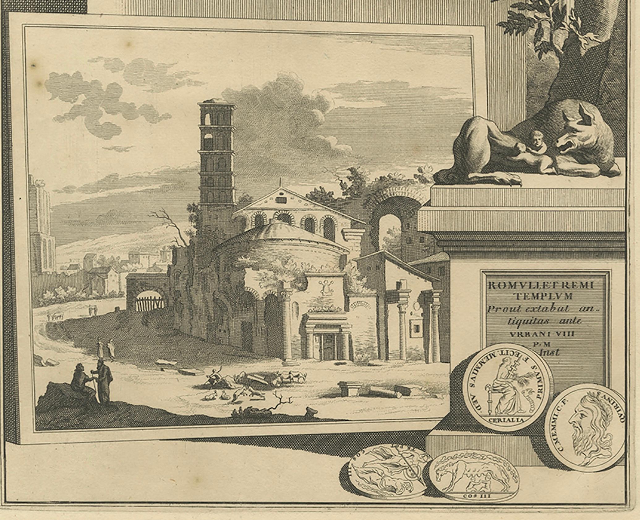XVIIIe siècle et antérieur Impression ancienne du temple de Romulus à Rome, Italie, vers1705 en vente