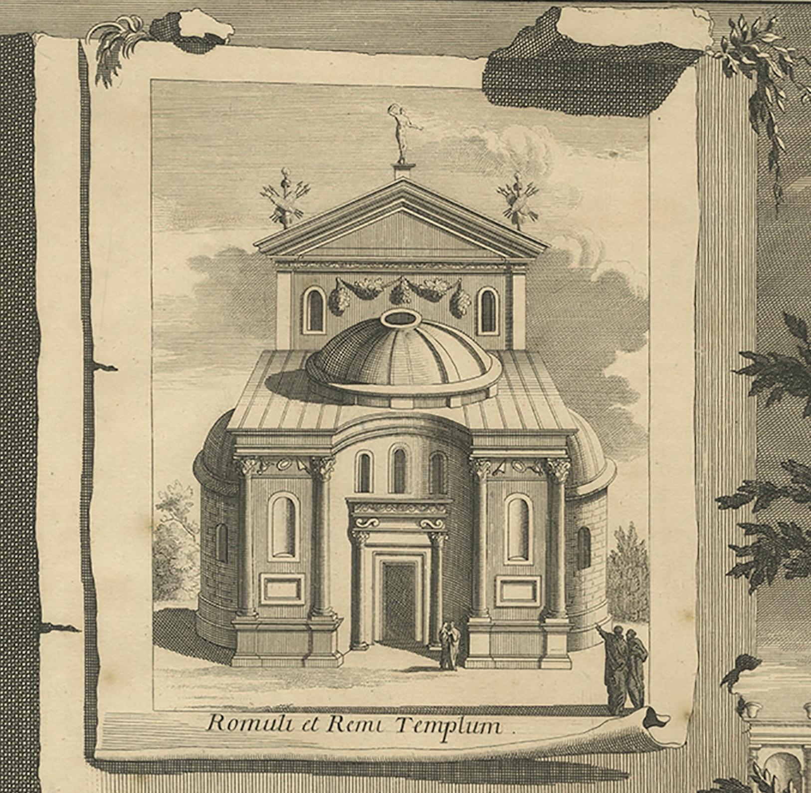 Papier Impression ancienne du temple de Romulus à Rome, Italie, vers1705 en vente