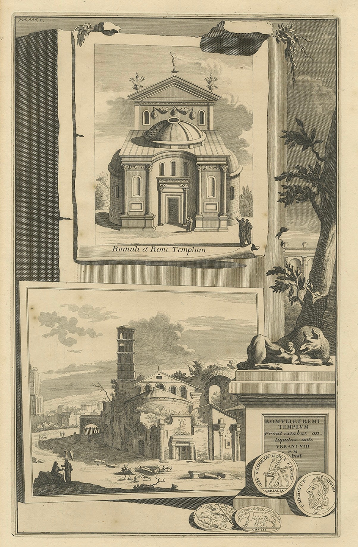 Impression ancienne du temple de Romulus à Rome, Italie, vers1705 en vente
