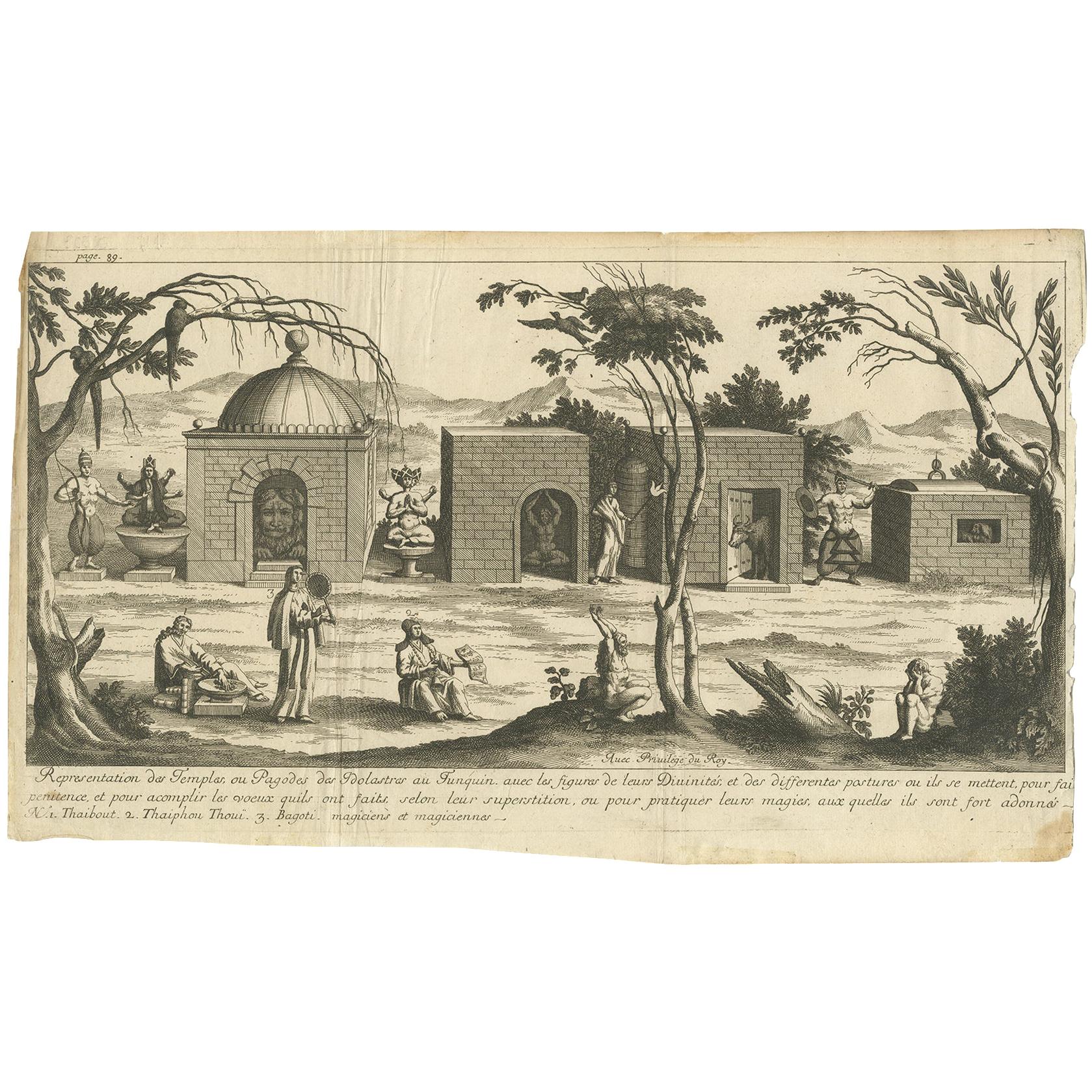 Grabado antiguo de los Templos y Pagodas de Tunquin por Tavernier, '1679