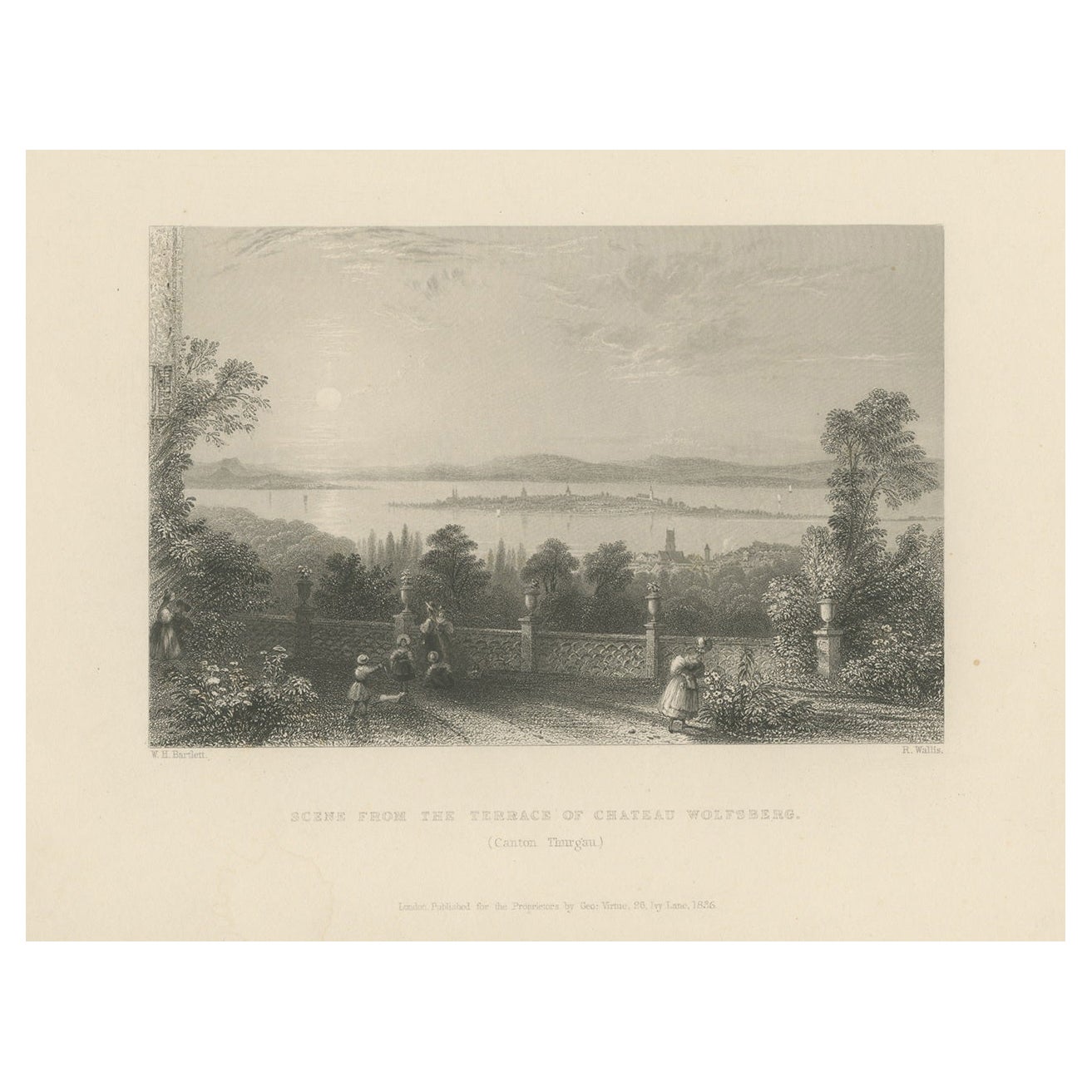 Antiker Druck der Terrasse von Château Wolfsberg, Schweiz, 1836