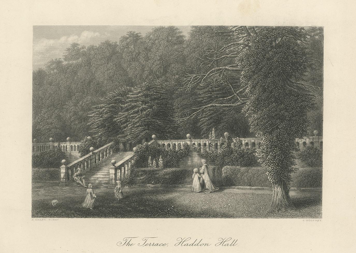 Antique print titled 'The Terrace, Haddon Hall'. Steel engraving of the terrace of Haddon Hall. Haddon Hall is an English country house on the River Wye near Bakewell, Derbyshire, a former seat of the Dukes of Rutland. This print originates from