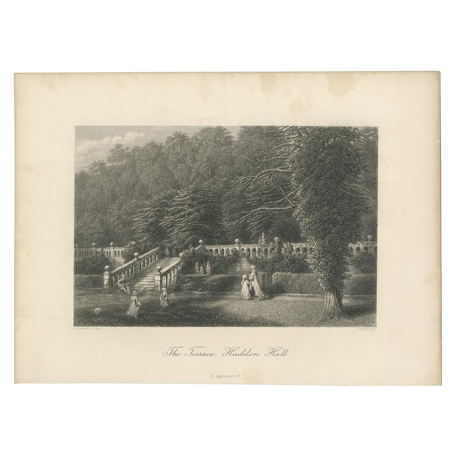 Antiker Druck der Terrasse von Haddon Hall von Appleton '1875'