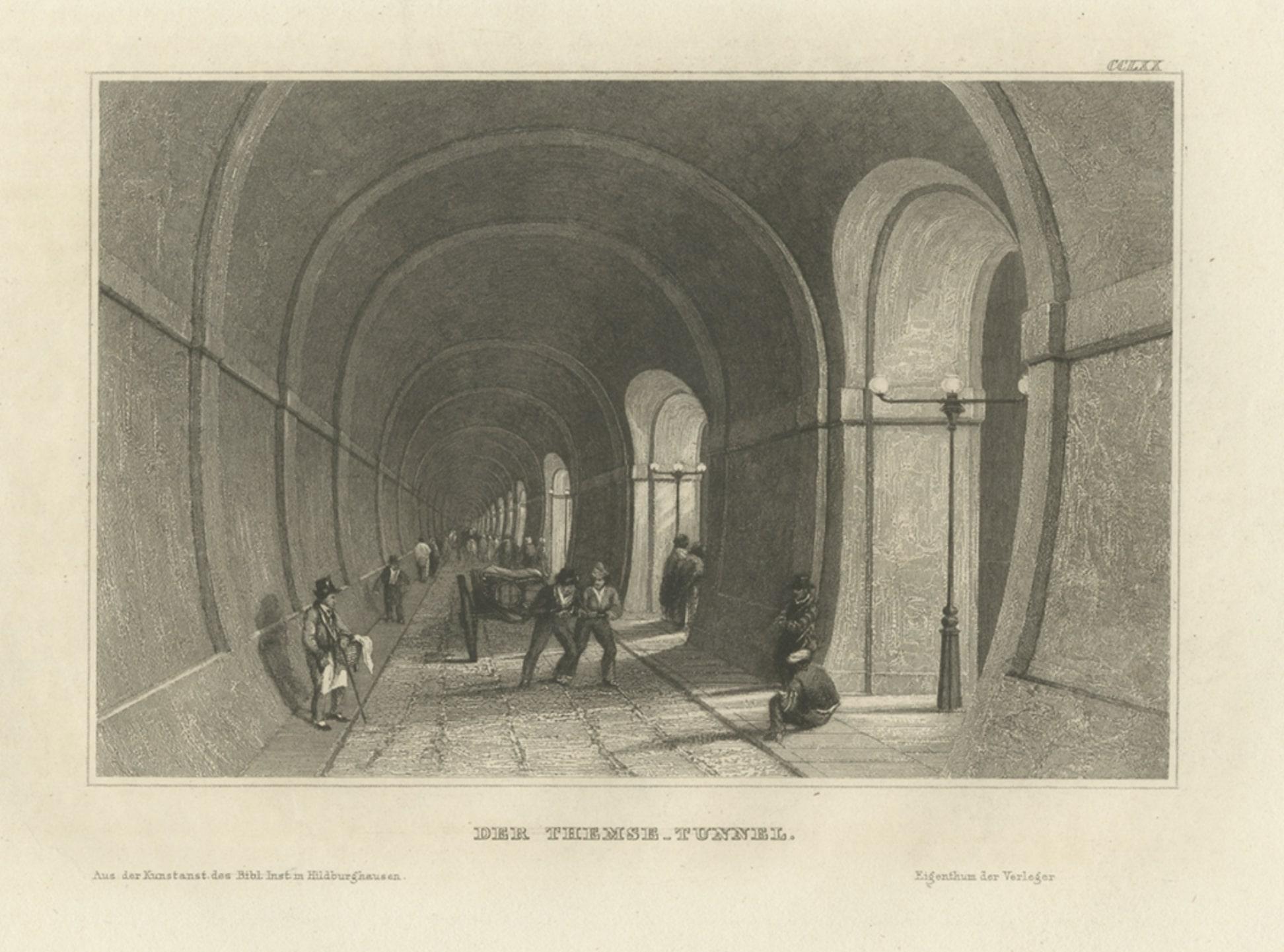 Antique print titled 'Der Themse-Tunnel'. 

View of the Thames Tunnel, a tunnel beneath the River Thames in London, connecting Rotherhithe and Wapping. Originates from 'Meyers Universum'. 

Artists and Engravers: Joseph Meyer (May 9, 1796 - June