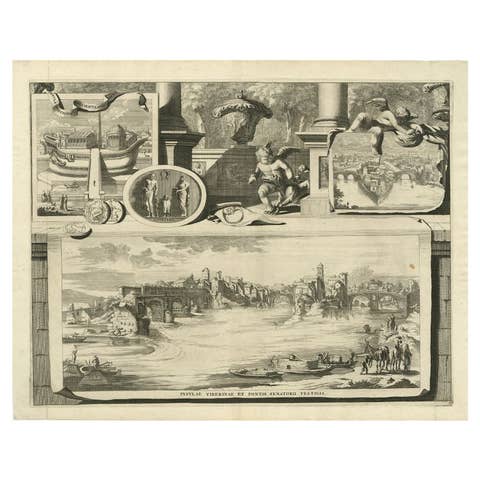 Antique Print of the Tiber River in Rome, Italy, 1704