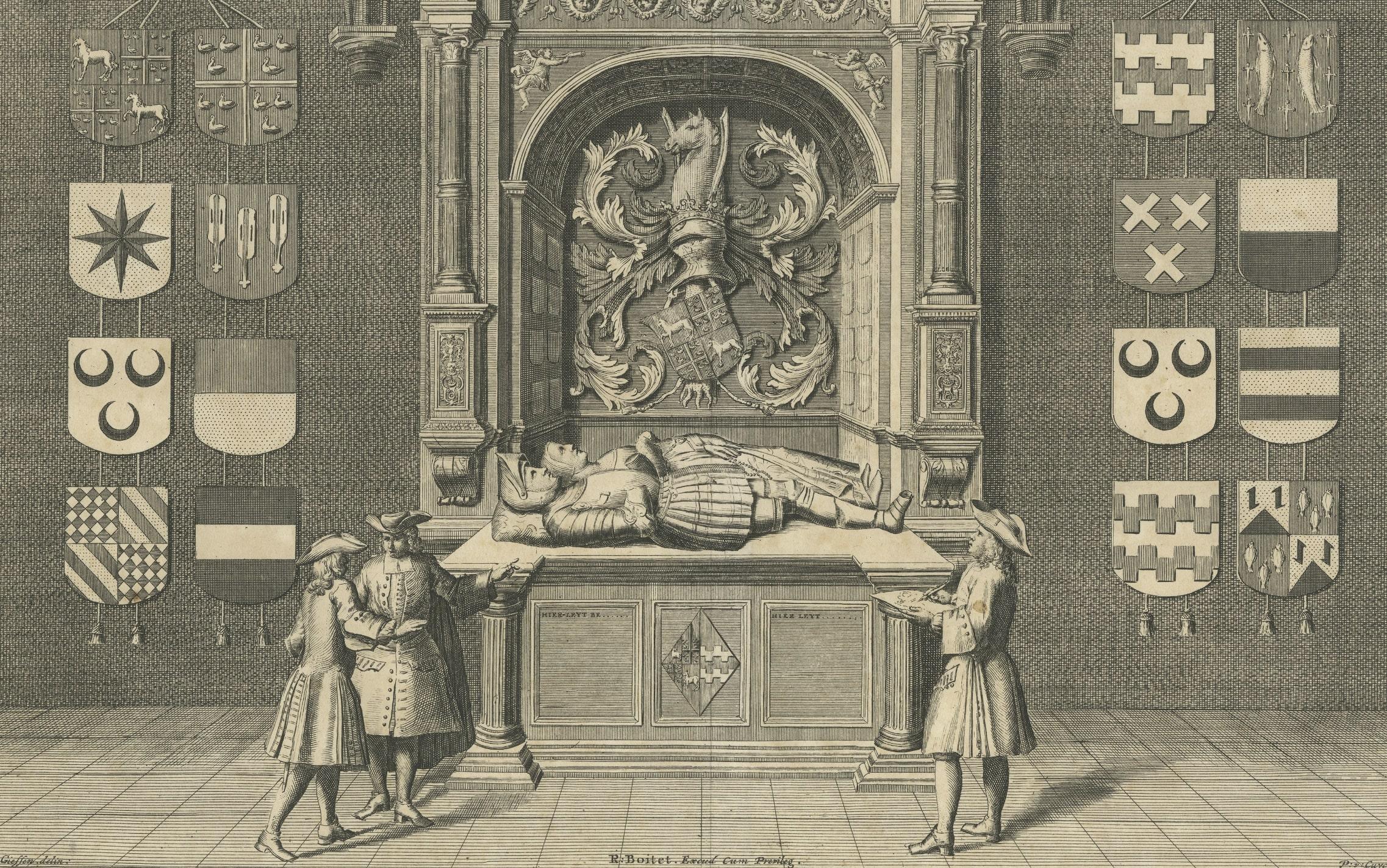 18th Century Antique Print of the Tomb of Gerrit van Assendelft and Beatrix van Dalem For Sale