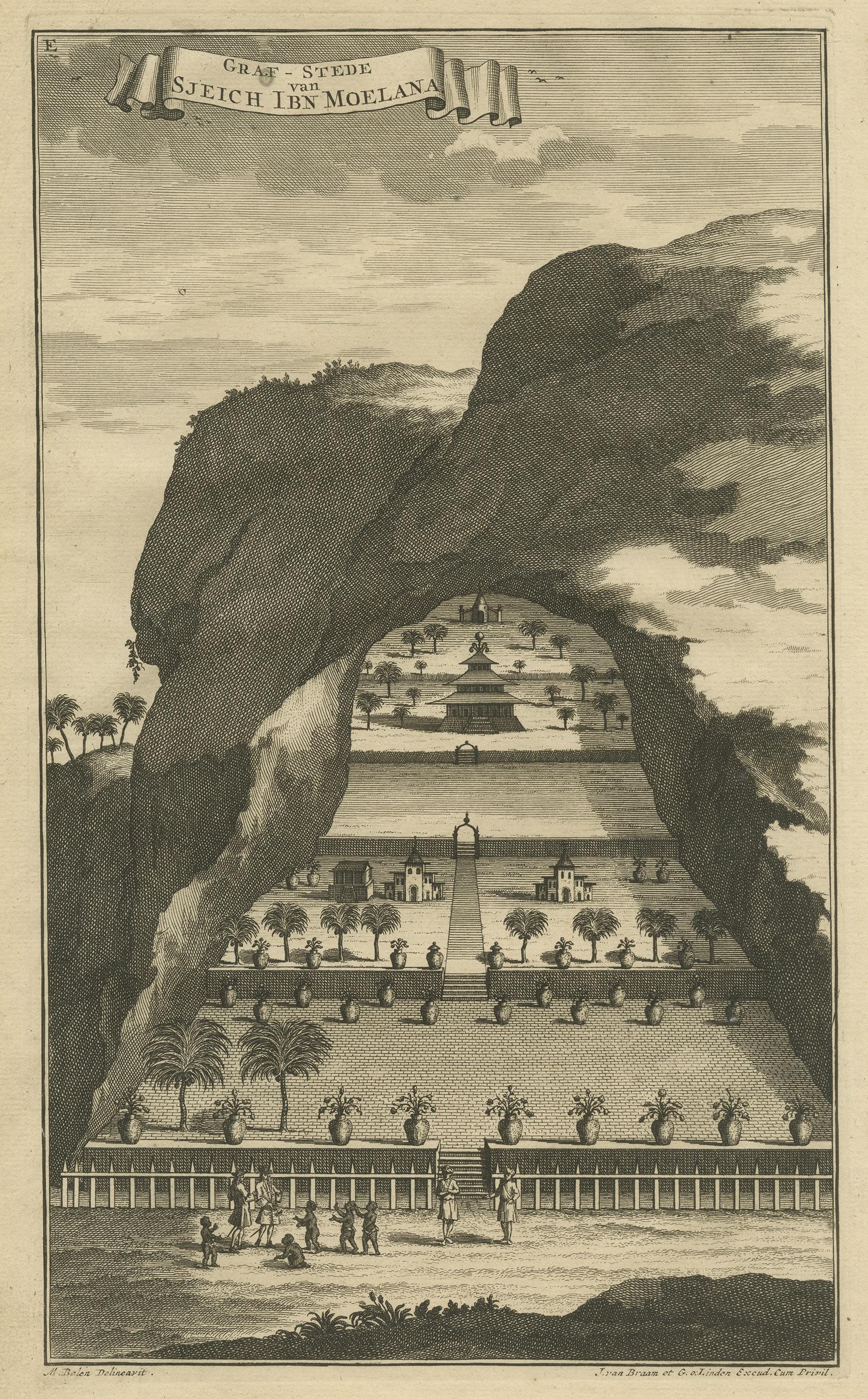 Antique print of the tomb of Sheikh Ibn Moelana. This print originates from 'Oud en Nieuw Oost-Indiën' by F. Valentijn.