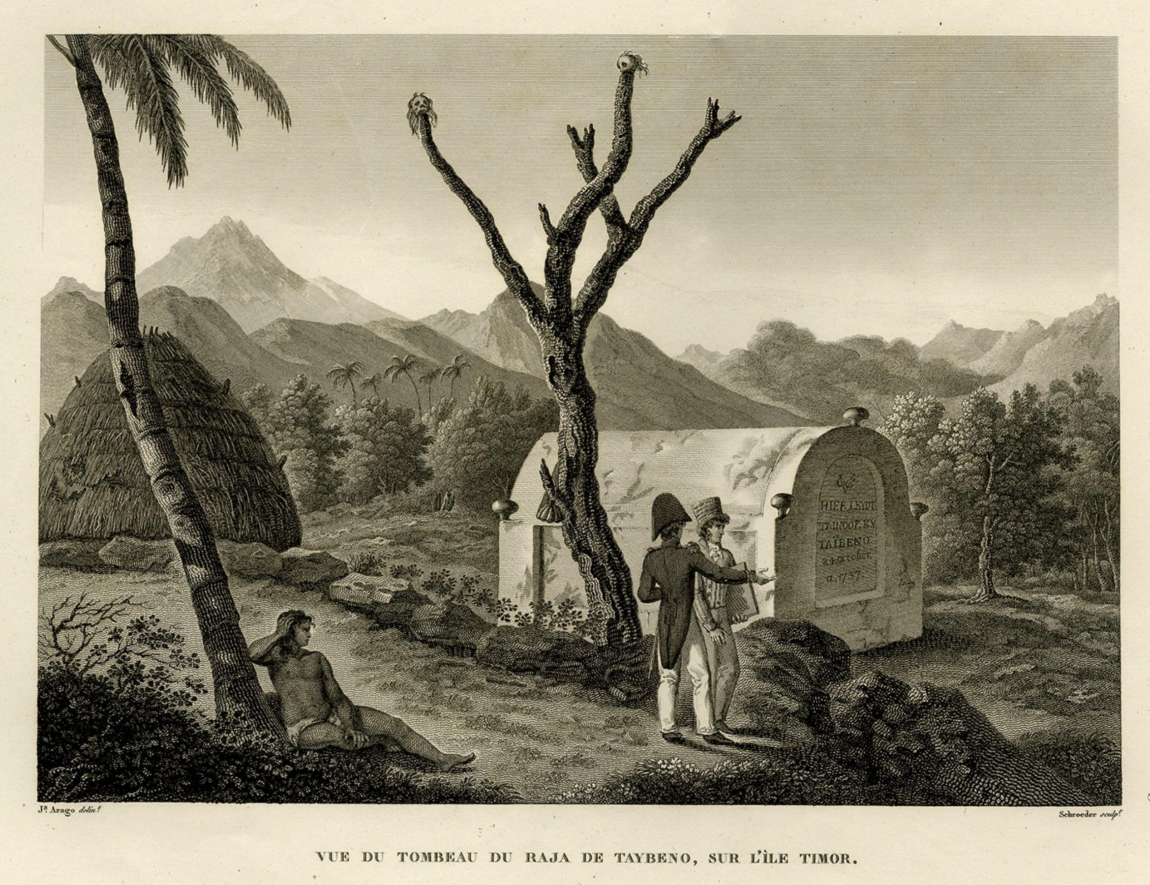 Antique print, titled: 'Vue du Tombeau de Raja de Taybeno, sur l'Ile Timor.' - ('View of the Tomb of the Raja of Taybeno on the island Timor'). 

View of the tomb, adorned with the VOC (Dutch East Indies Company) logo. Two Europeans stand beside the